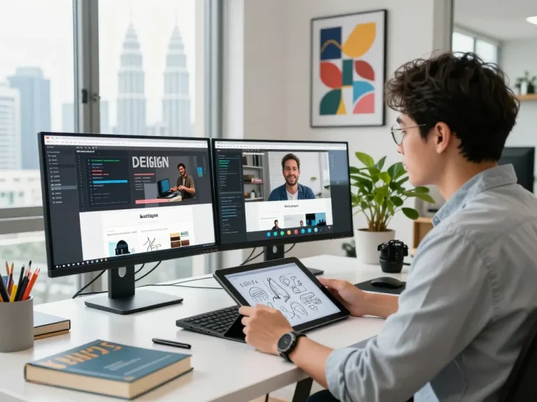 Engaging scene of a web design freelancer in Kuala Lumpur collaborating with a client, showcasing a creative workspace.