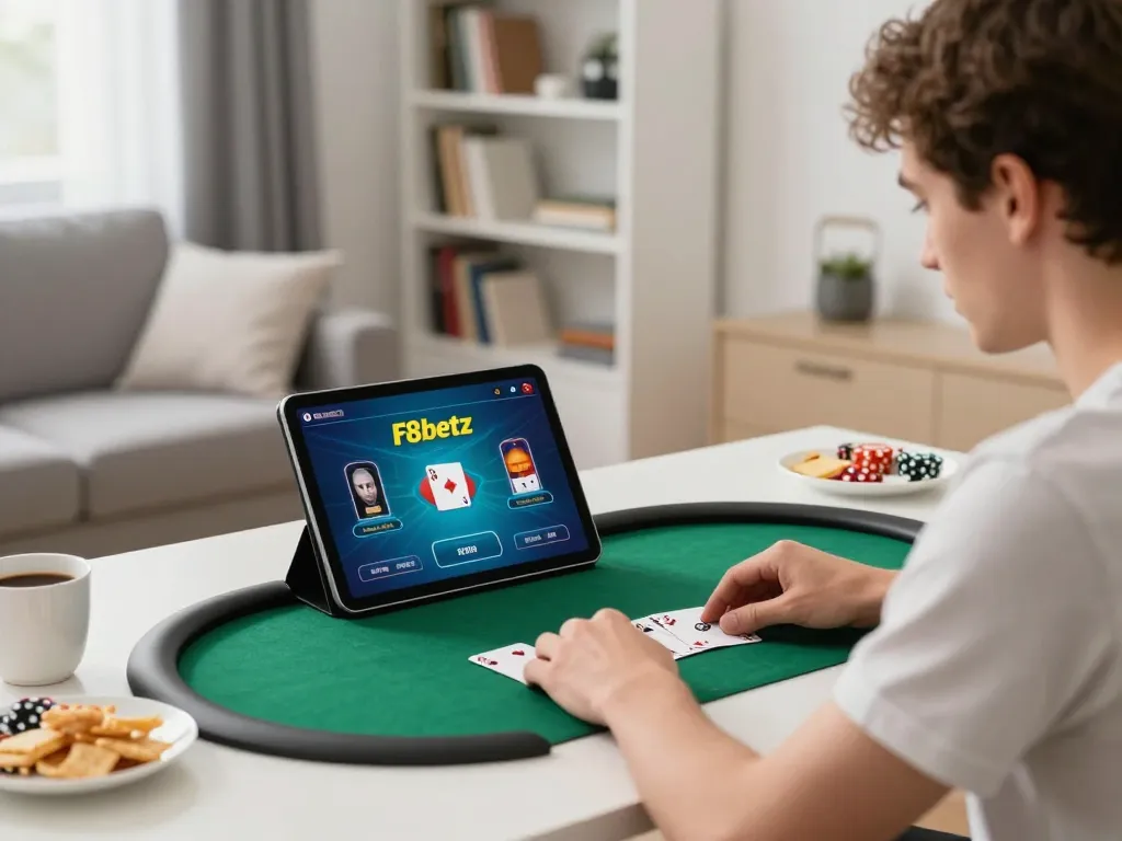 Player enjoys a thrilling poker game on f8betz app at home, showcasing digital gambling excitement.