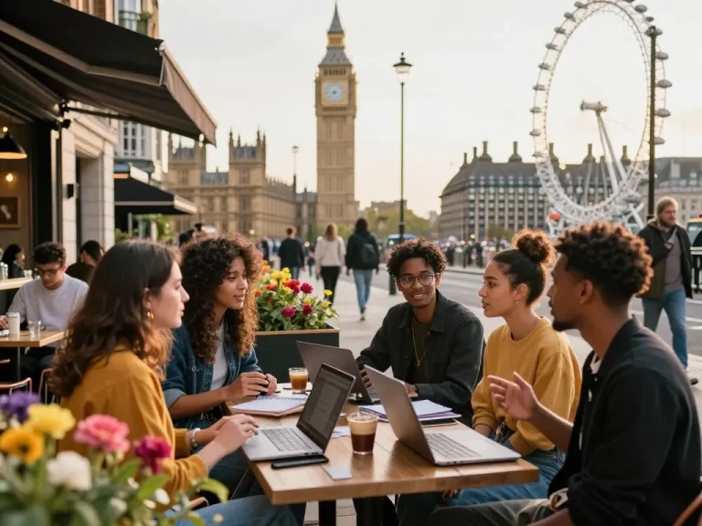 Best things to do in London: Young adults enjoying a lively café scene with iconic landmarks in the background.