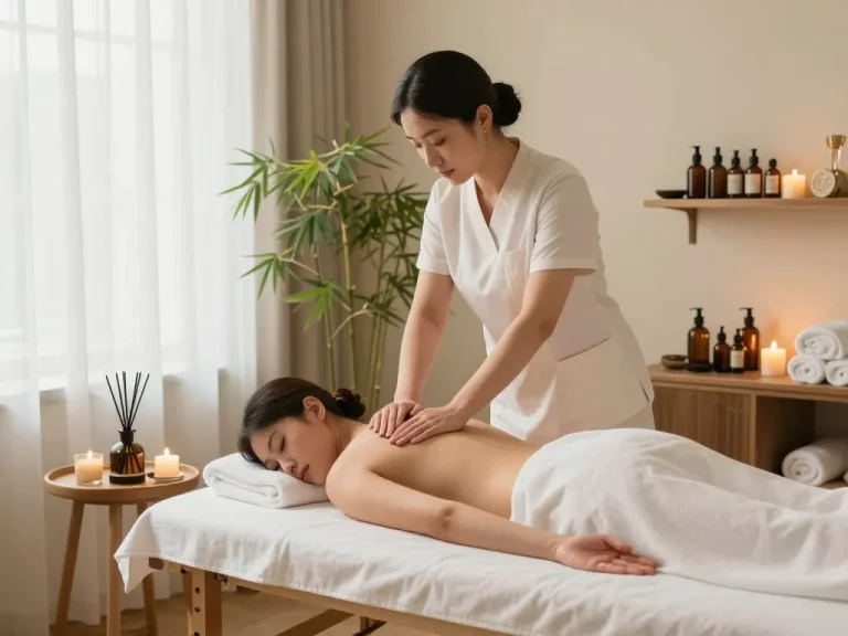 Relaxing Swedish massage scene featuring a therapist providing a soothing treatment in a tranquil spa atmosphere with calming elements, highlighting 천안스웨디시.
