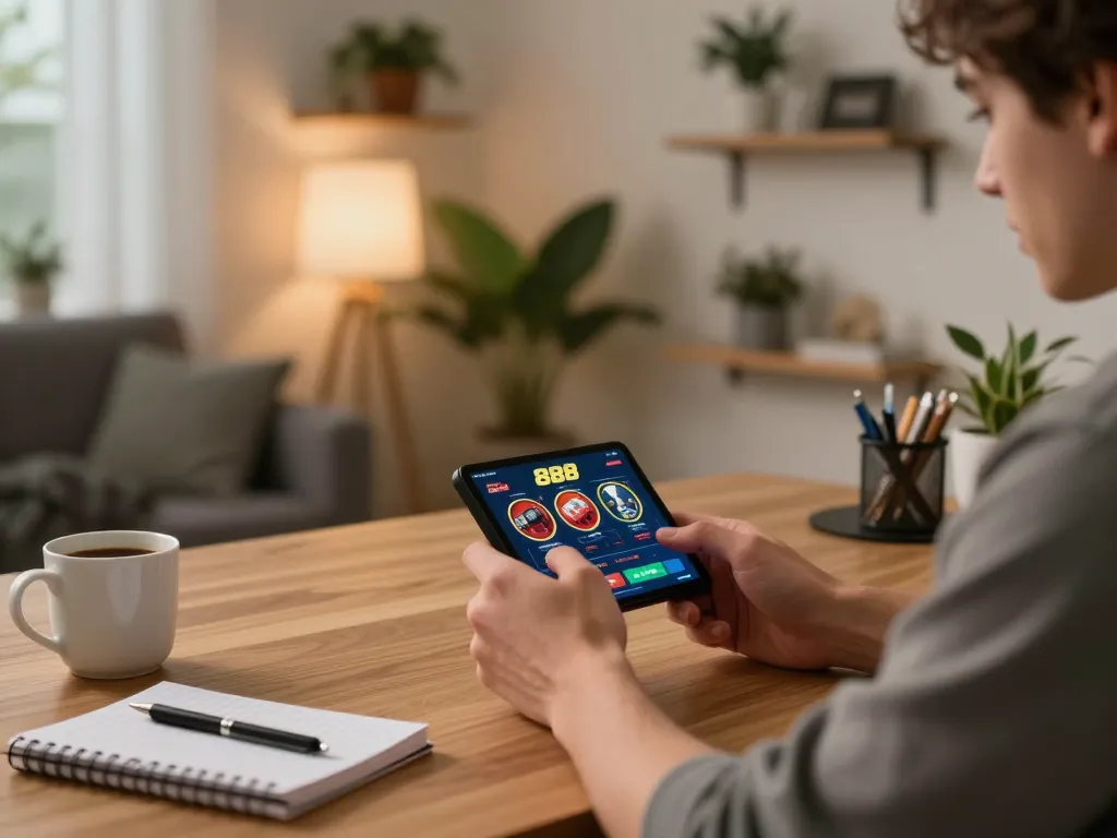 Player enjoying open888 casino app in stylish home office setup, emphasizing responsible gaming.