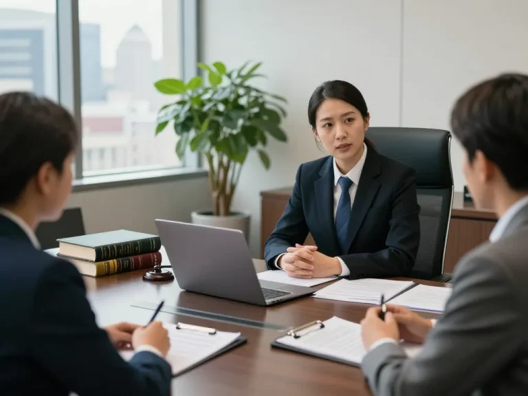 USA lawyers consulting clients in a modern law office with urban skyline view.