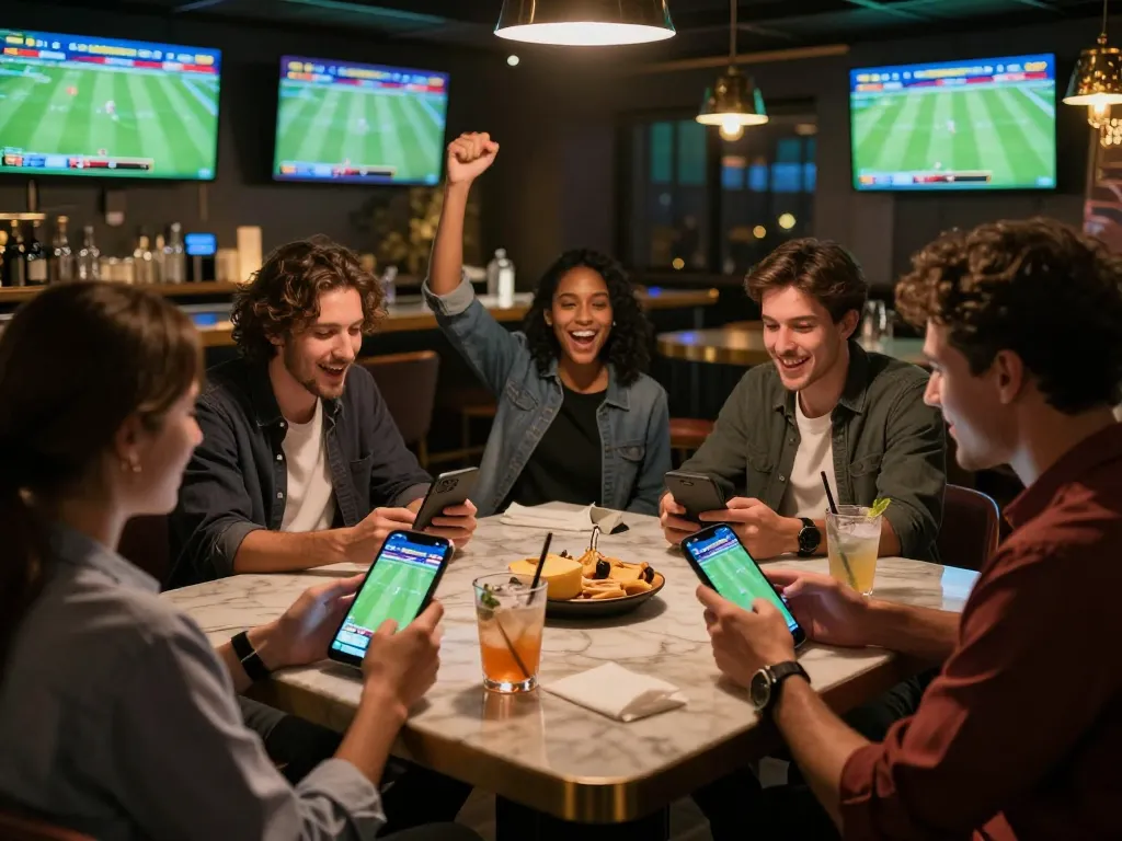 Active sports betting moment at keonhacaii88, friends celebrating bets with phones in hand, vibrant bar atmosphere.