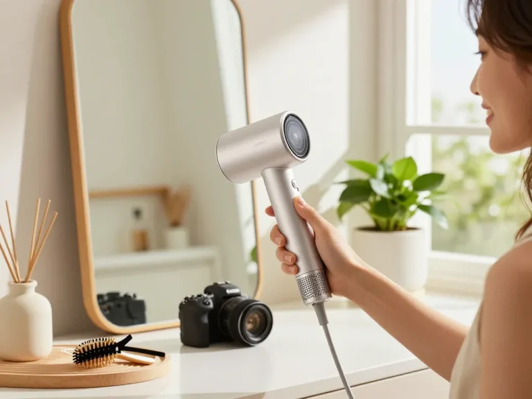 Person joyfully using Laifen hair dryer in bright home setting, highlighting its lightweight design and fast drying features.
