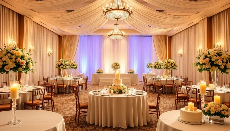 Capture wedding event space Jacksonville with elegant decor, floral centerpieces, and warm lighting.