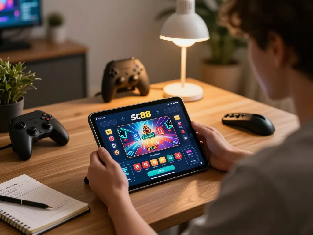 Engaging user playing sc88 casino game on tablet at a cozy home desk