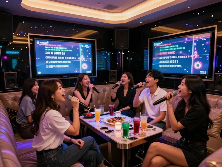 라이브 음악, 고급스러운 인테리어, 다채로운 LED 조명과 함께 친구들과 즐기는 강남퍼펙트 노래방의 생동감 넘치는 에너지를 경험하세요.