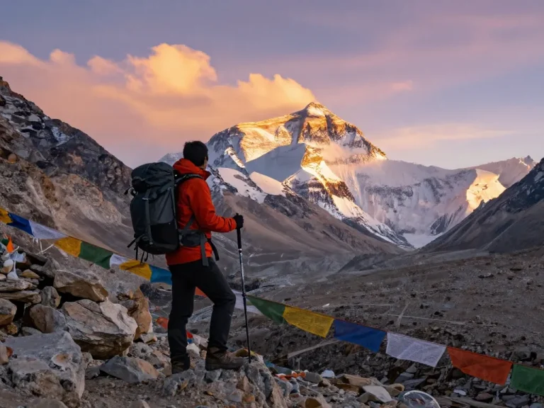 Everest Base Camp Trek view with traveler enjoying the sunset over iconic mountain peaks.