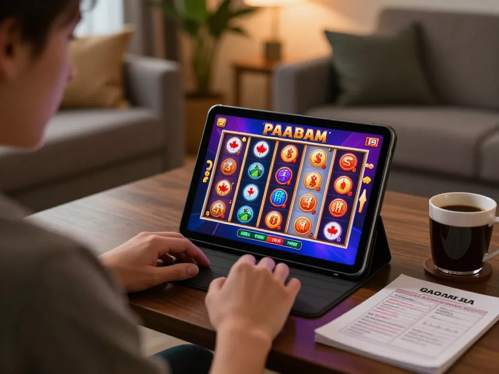 Engaging in online casinos Canada gameplay on a tablet in a cozy home setting.