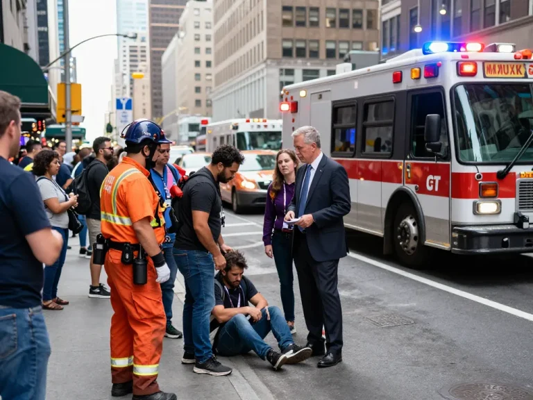 New York City Personal Injury Lawyer assists injured pedestrian at city intersection.