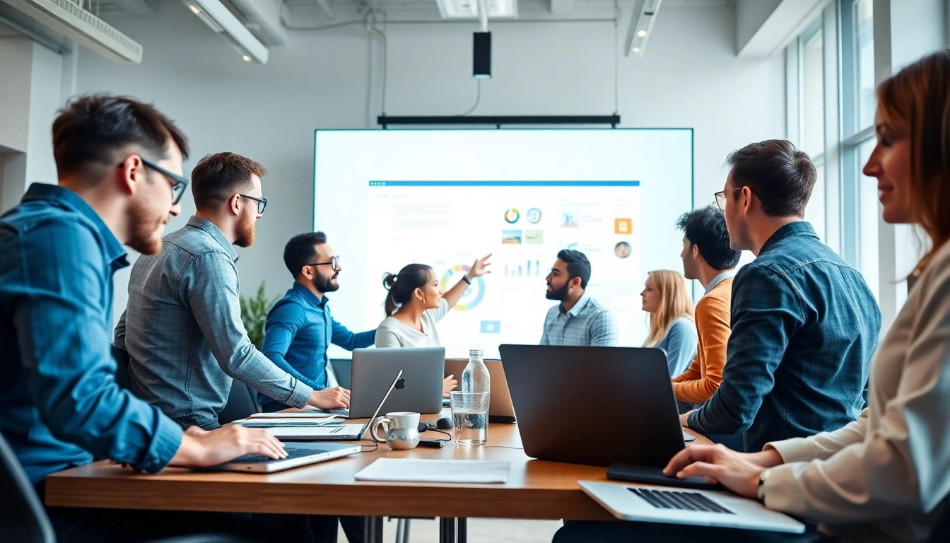 Marcel Hüsig und sein Team in einem kreativen Webdesign-Büro bei der Zusammenarbeit.