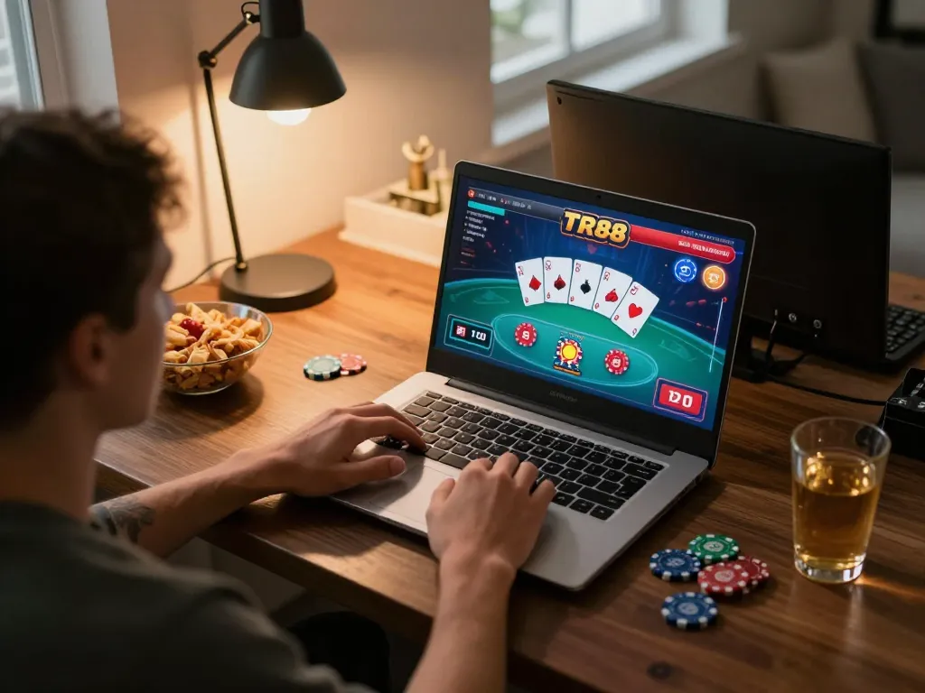 Engaging in TR88 online poker gameplay on laptop with cozy home setting.