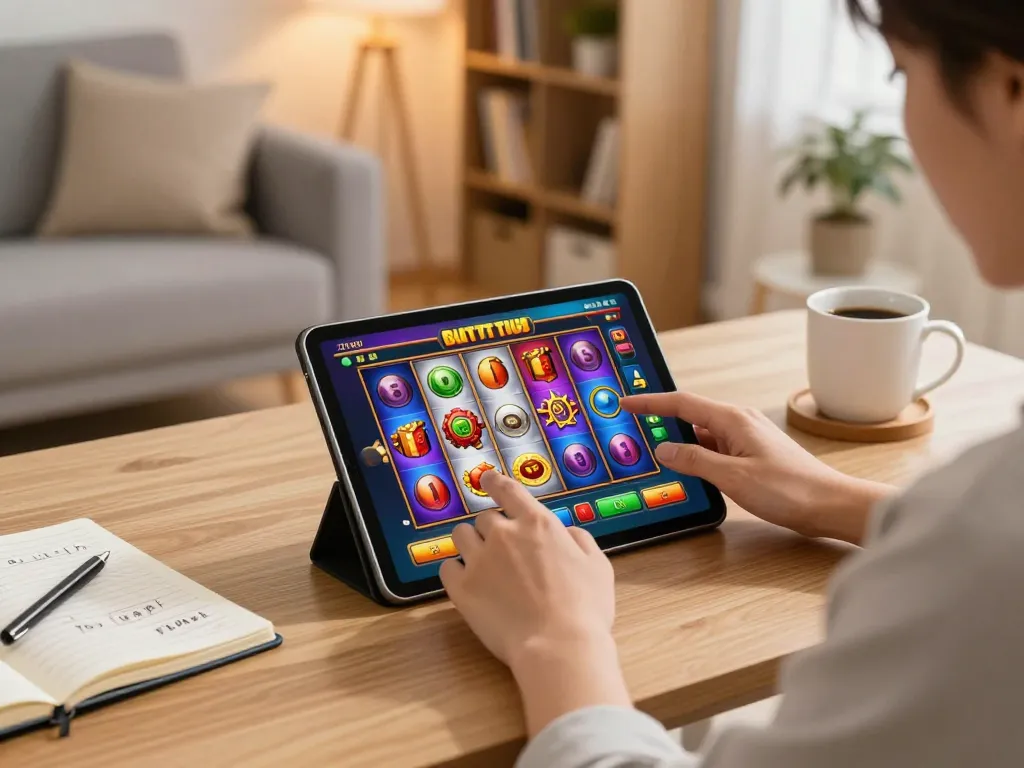 Situs slot gameplay on a tablet with engaging visuals and strategic notes in cozy home setting