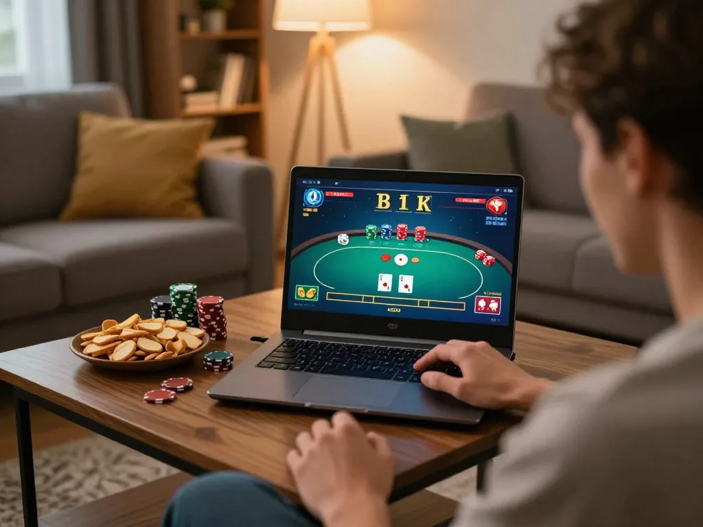 Player enjoying online gaming at Uk88 in a cozy home environment, engaging with poker gameplay.