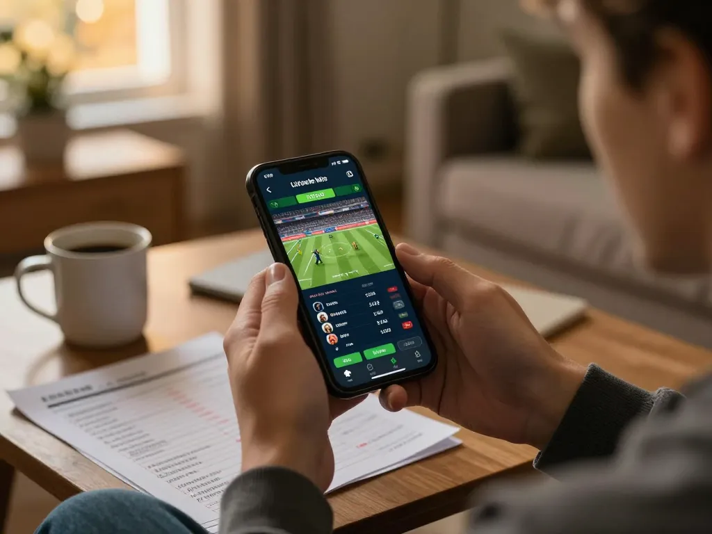 Online sports betting action on smartphone, leveraging 7m app for live odds and events