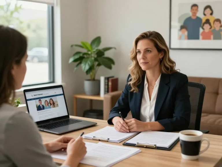 Palm Harbor Divorce Lawyer Shelly Beach consulting a client about mediation in a welcoming office, illustrating family law expertise.