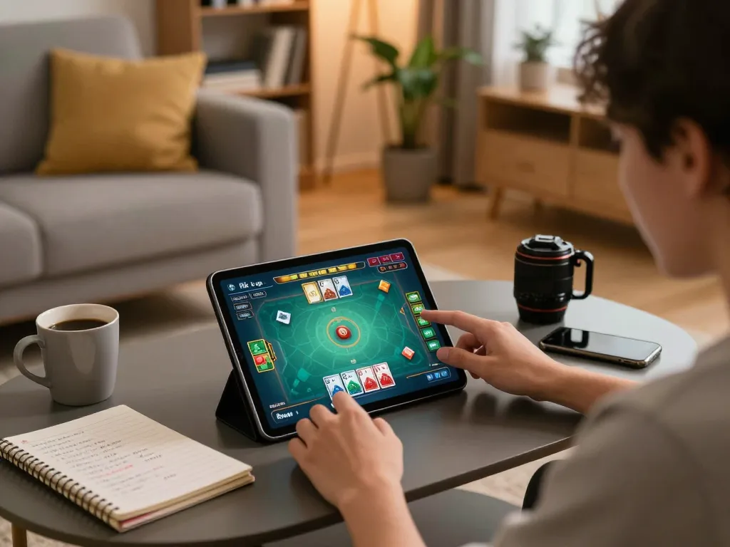 Person enjoying a card game on rik vip with tablet in a cozy living room setting.