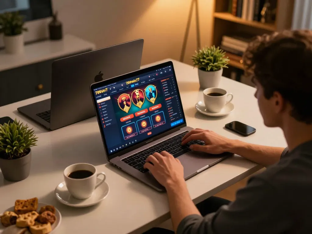 Engaged player using 789win77 online casino interface at home, illustrating strategic gameplay.