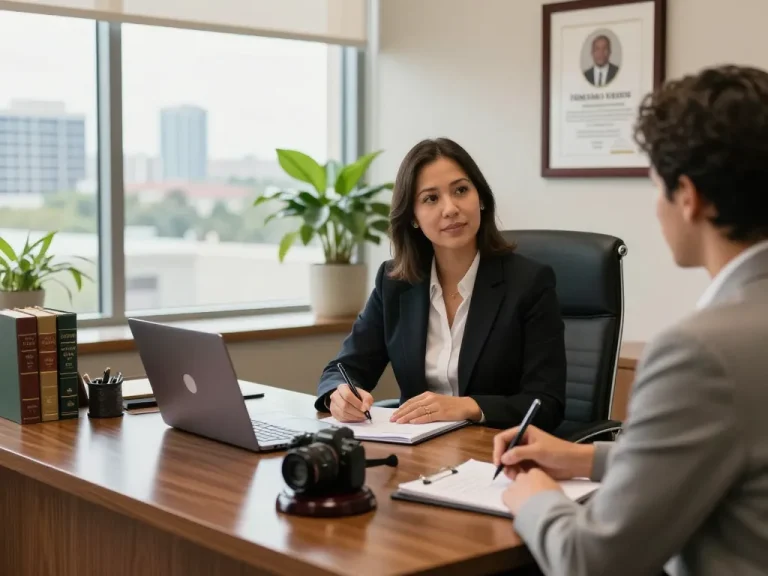 Orlando Personal Injury Lawyer discussing case details with a client in a professional office.