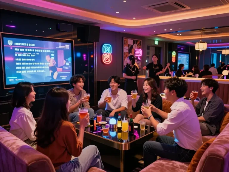 다채로운 조명과 세련된 장식 속에서 3no.org/bupyeong에서 신나는 노래방 밤을 즐기는 친구들, 활기찬 나이트라이프를 포착합니다.