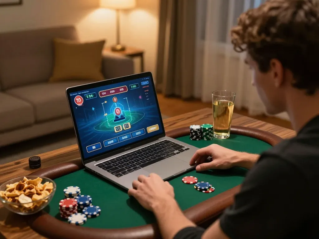 Player engaging with live dealer game on laptop, showcasing 78wingo's online gambling experience.