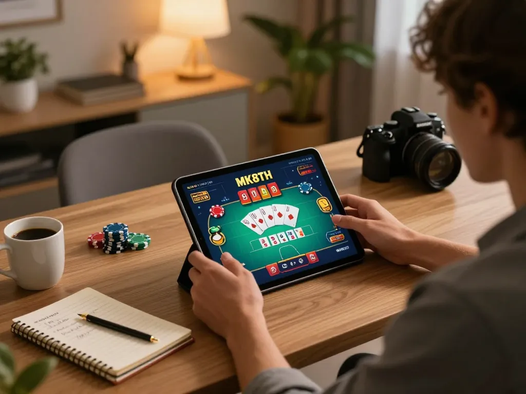 Player engaging with MK8TH casino app displaying poker graphics in cozy home office.