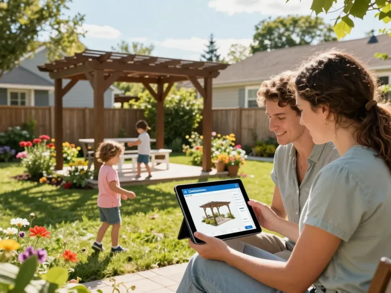Pergola Configurator Software in action, family enjoying 3D model in garden.