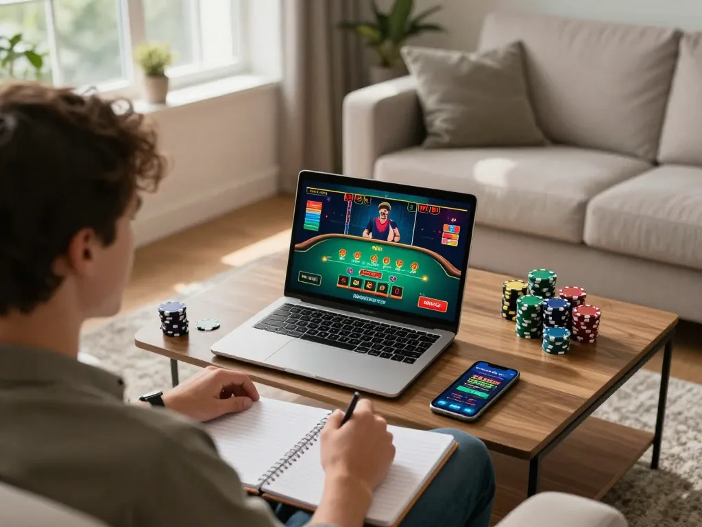 Engaged player enjoying blackjack on laptop, highlighting hakobhakobyanart's gaming strategies.