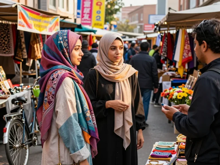 Stylish woman wearing hijab in vibrant urban marketplace showcasing colorful scarves and fashion accessories.