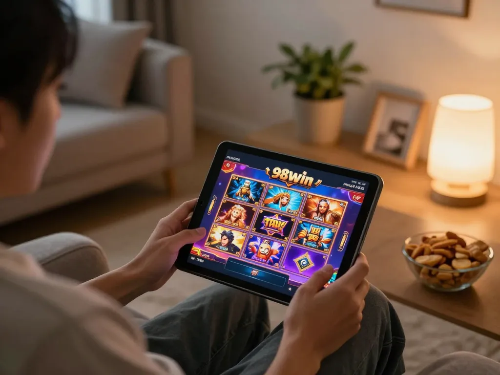Person enjoying slots on tablet while gaming at home with 98win online platform