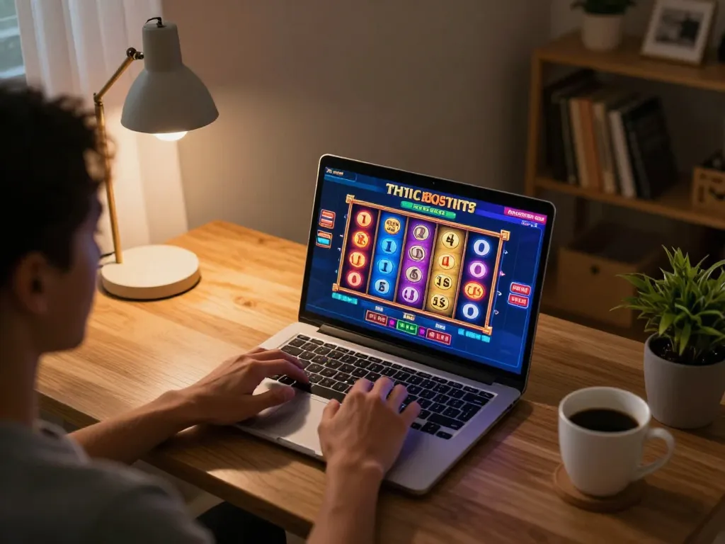 Engage in exciting online slot gameplay with luck8biz while enjoying a cozy gaming setup at home.