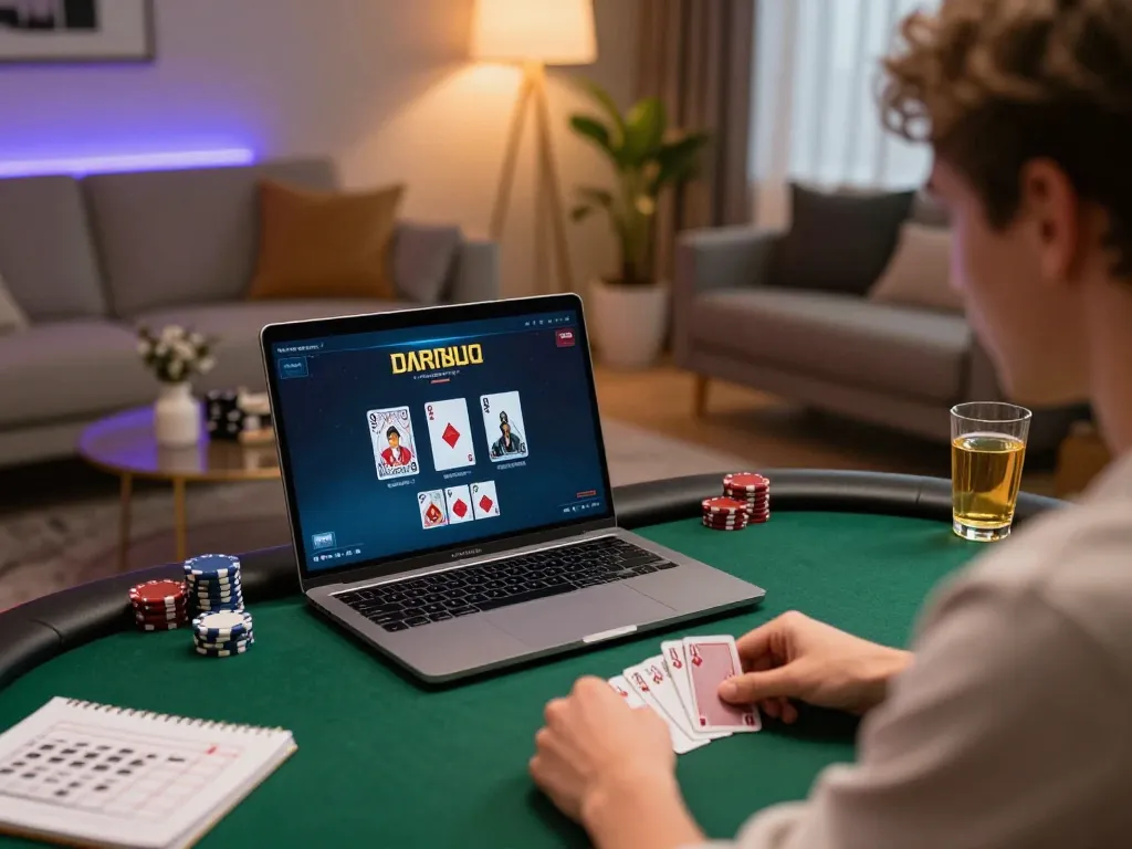 Engaging online poker gameplay at home with vin88tp on screen showcasing strategic card analysis