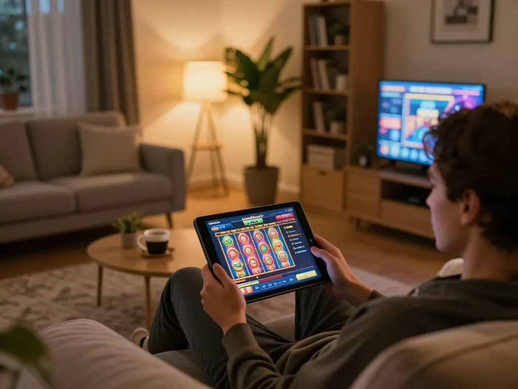 Person enjoying online gaming on a tablet from home, engaging with Manclub's casino app