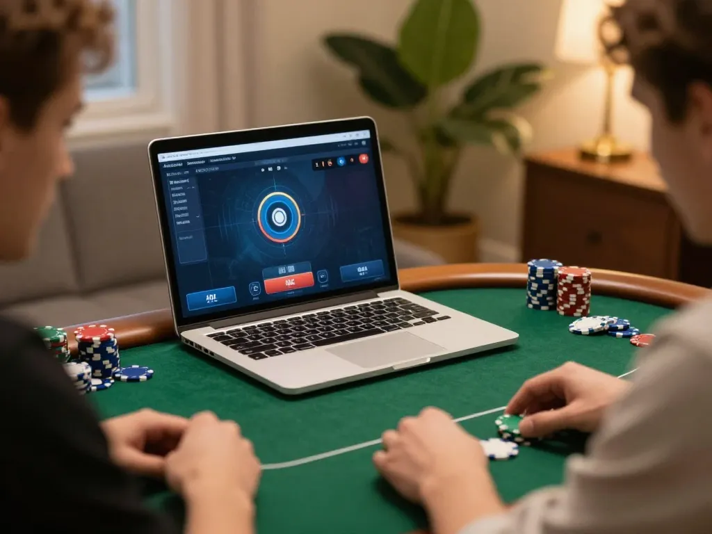 88i player strategizing during online poker session at home with laptop and chips