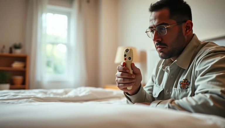 Local bed bug exterminators assessing a bed with detection tools in a bright, clean bedroom.