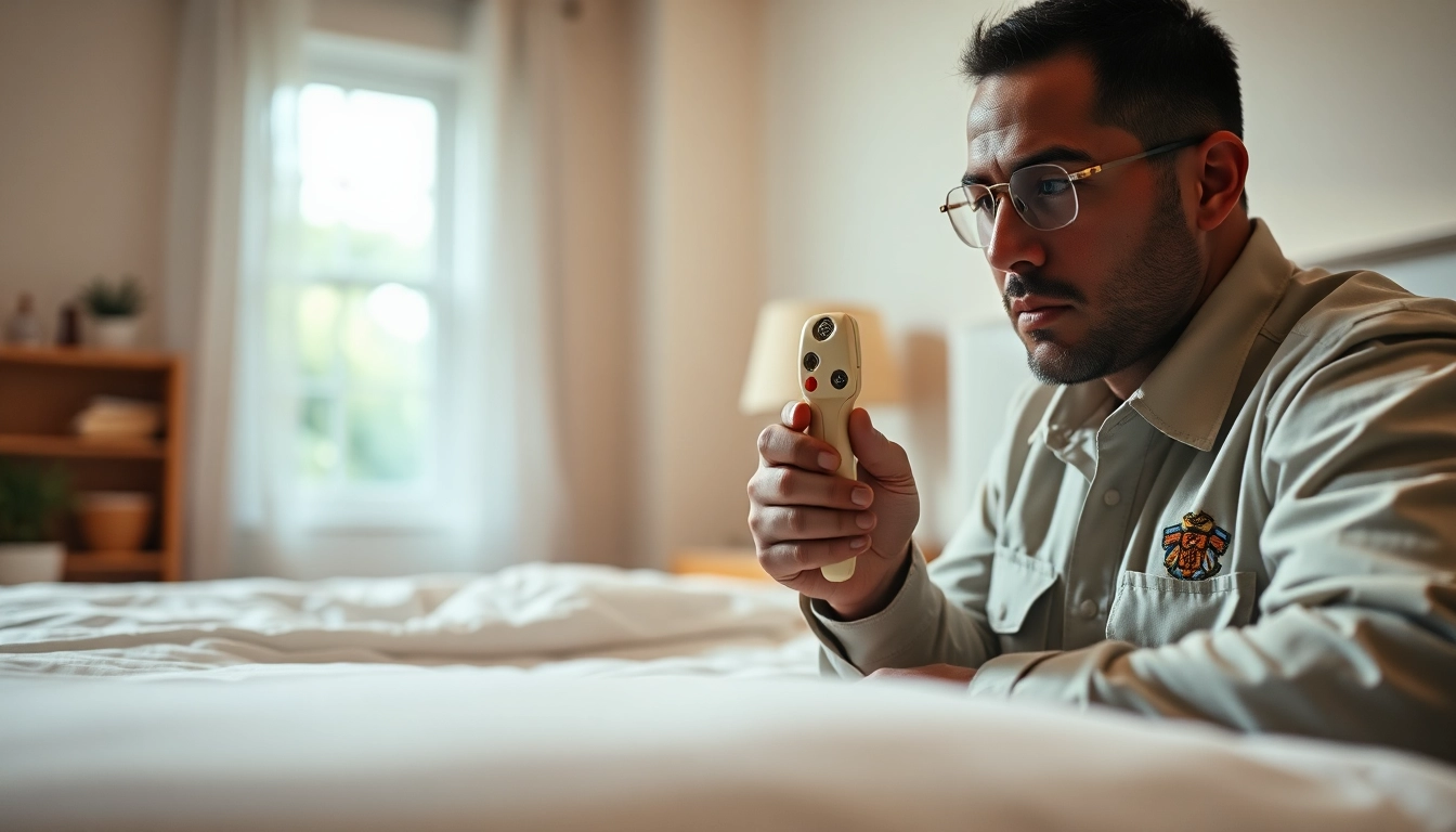 Local bed bug exterminators assessing a bed with detection tools in a bright, clean bedroom.