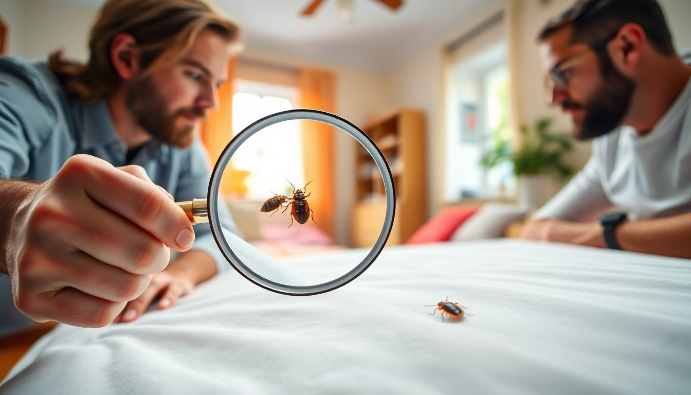 Local bed bug exterminators inspecting for bed bugs in a clean bedroom environment.