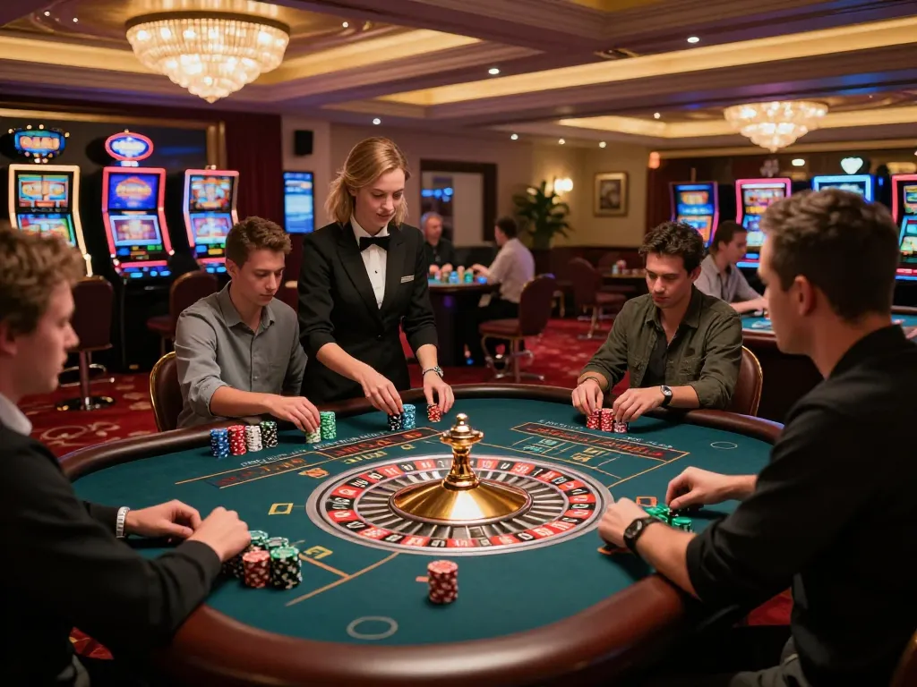 Experience the excitement of mb 66 at a lively roulette table surrounded by eager players and vibrant ambiance.