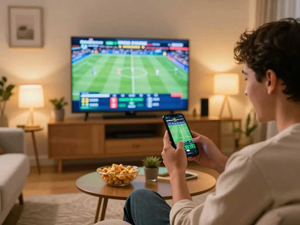 Betting on Uk88 with excitement during a live sports event in a cozy home setting.