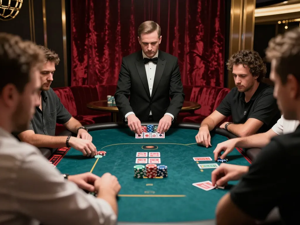 Ledak338 players engaging in a high-stakes poker game with vibrant chips and cards in focus