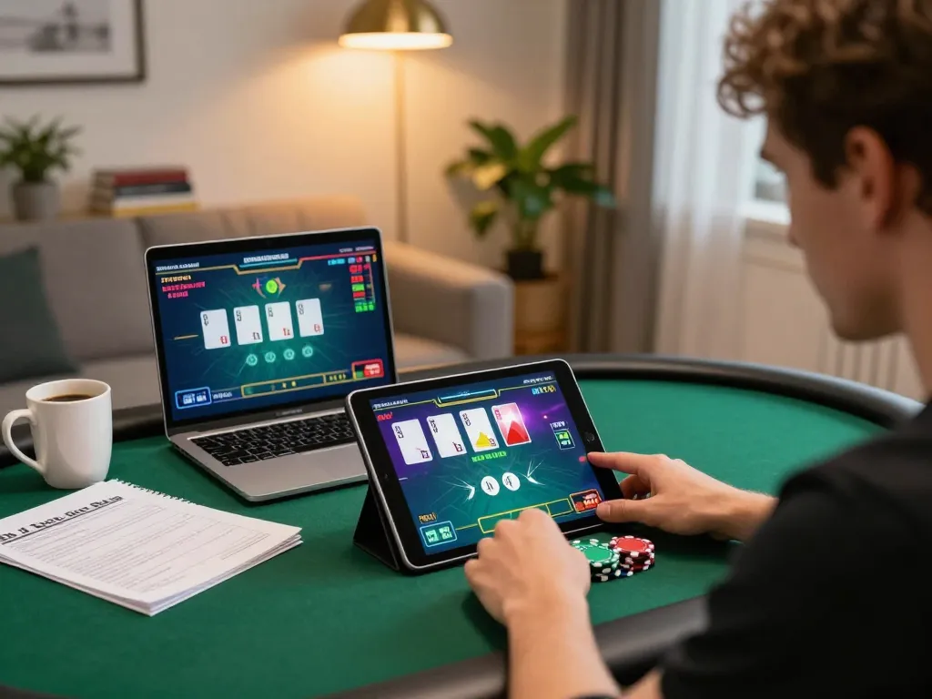 Play online poker strategy with henandchickensgh in a stylish home gaming setup showcasing engagement and excitement.