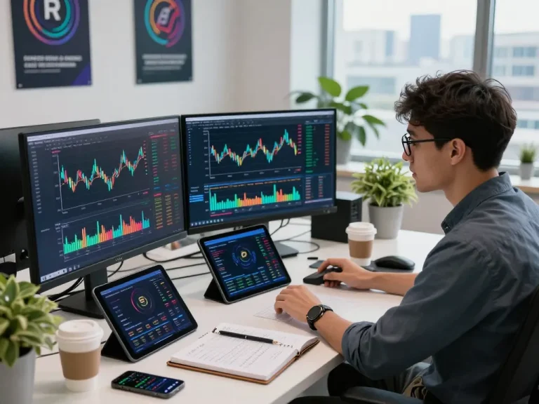 Creating automated crypto income in a dynamic workspace with digital finance analysis and trading tools.