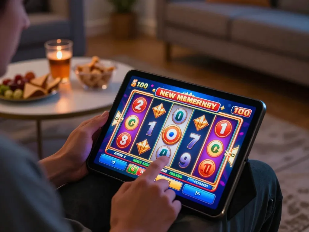 Engaging online gaming session showcasing a player claiming a slot bonus new member 100 while interacting with a vibrant tablet interface.