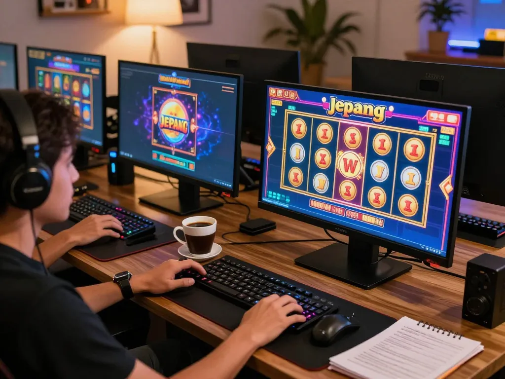 Engaging in slot jepang gameplay on a multi-screen online gaming setup showcasing vibrant slot machines and strategic notes.