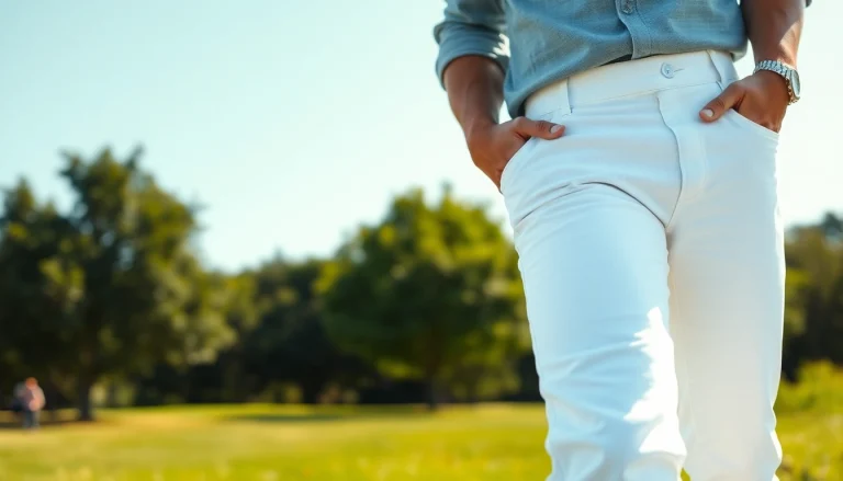 Model showcases white jeans men against a sunny park backdrop, exuding style and comfort.