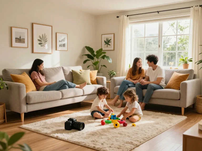 Sala de estar acogedora que muestra servicios hogar con una familia disfrutando tiempo.