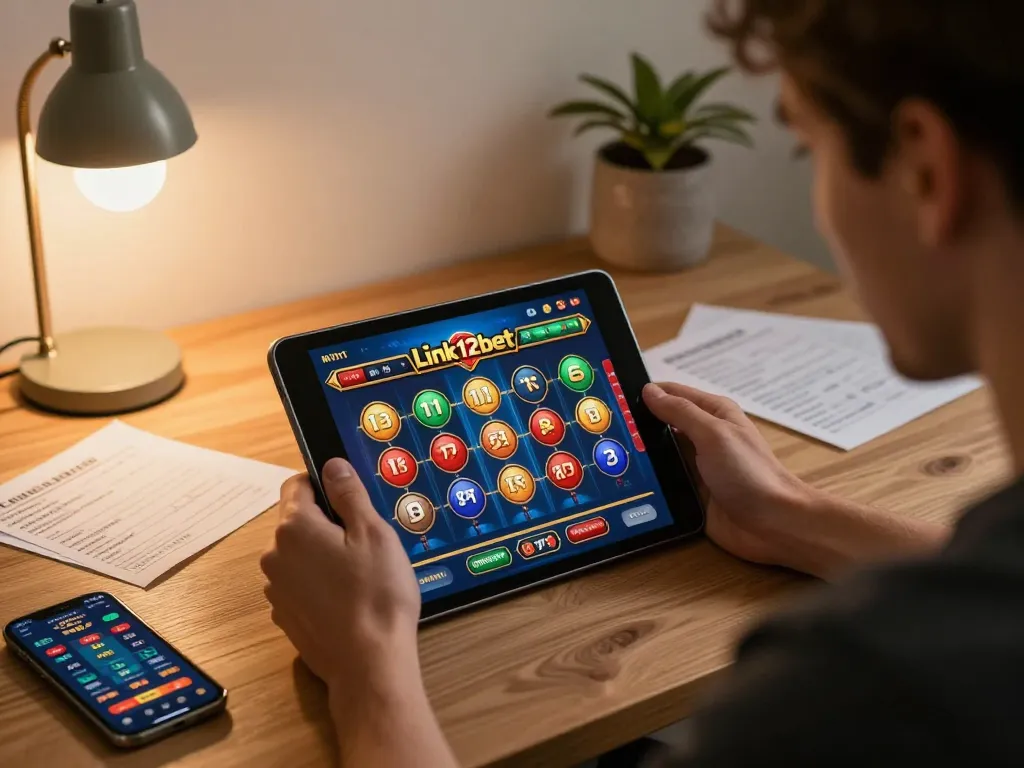 Trải nghiệm chơi game hấp dẫn trên ứng dụng Link 12bet với một người chơi đang lập chiến lược trong không gian thoải mái tại nhà.