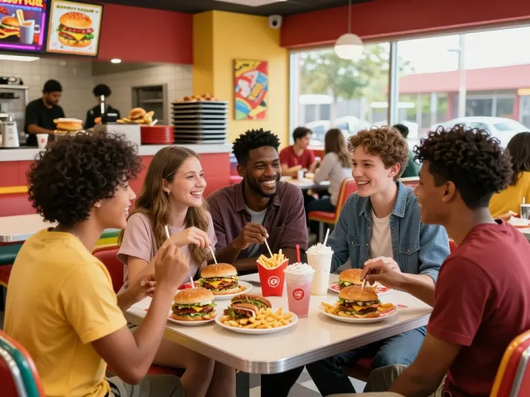 Enjoying a diverse fast food menu with friends in a lively restaurant.