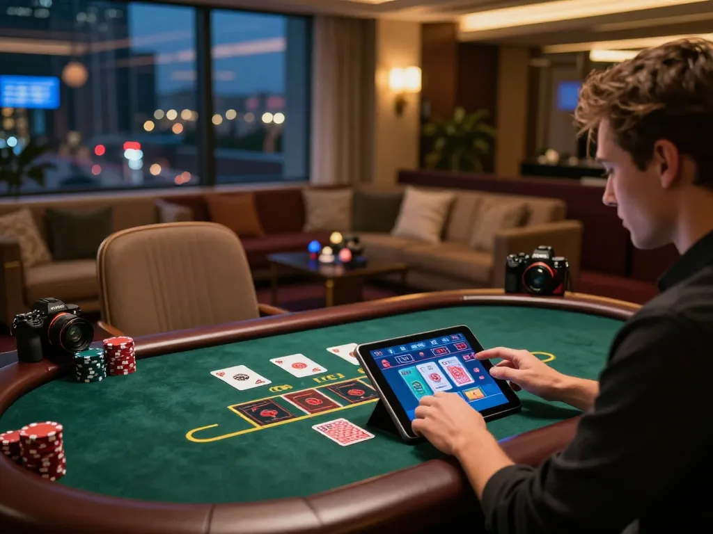 Engaging user playing tg88 online blackjack on tablet at home with dynamic interface.