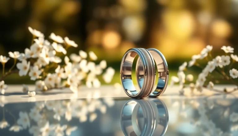 Admire tungsten wedding bands amidst elegant white flowers, showcasing craftsmanship and elegance.